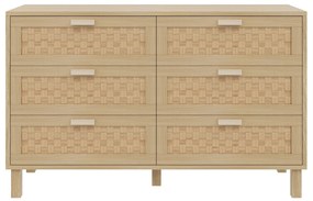 Comodă cu șase sertare din ratan, dulap de dormitor versatil cu spațiu generos de depozitare, 120x40x75 cm, Culoare naturală