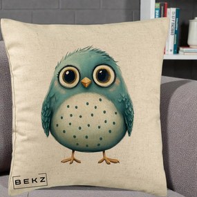 Perna Decorativa Pasare Teal cu Buline Teal, 40x40 cm, Bej, Husa Detasabila, Perna Inclusa, BEKZ®
