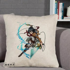 Perna Personalizata Attack on Titan Mikasa Ackerman Lupta, 40x40 cm, Bej Canapea, Husa Detasabila, Perna Inclusa, BEKZ®