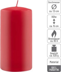 Set de lumânări pilon, 15 cm, Ø 7,5 cm, roșu, 4 bucăți