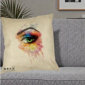 Perna Decorativa Ochi Verde Acuarela, 40x40 cm, Crem, Husa Detasabila, Perna Inclusa, BEKZ®