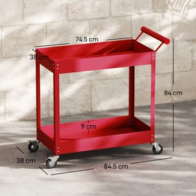 DURHAND Cărucior de atelier servantă atelier cu 2 niveluri, mâner lateral și roți blocabile, 84,5x38x84cm, roșu | Aosom Romania