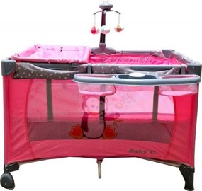 Patut Pliabil si Tarc copii Baby Care™ PRO FMAT, 2 Niveluri de inaltime, Cu melodii si Masa infasat, Carusel cu jucarii din plus, Plasa insecte, Roz