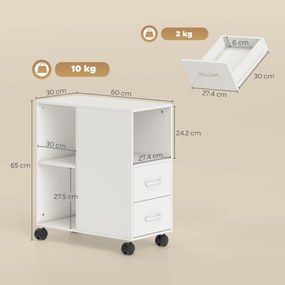 HOMCOM Măsuță de Living cu Roți, 2 Sertare, Raft Deschis și Poliță Reglabilă, Măsuță pentru Dormitor sau Living, 60x30x65 cm, Alb | Aosom Romania