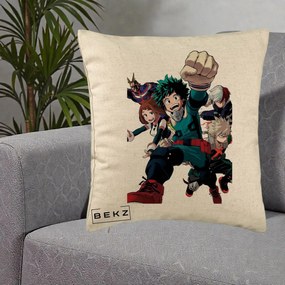 Perna Personalizata My Hero Academia Izuku Deku si Echipa, 40x40 cm, Bej, Husa Detasabila, Perna Inclusa, BEKZ®