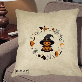 Perna Decorativa Halloween Dovleac Vrajitor Boo cu Simboluri, 40x40 cm, Crem, Husa Detasabila, Perna Inclusa, BEKZ®