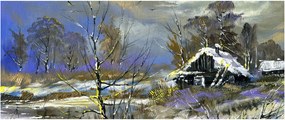 Tablou -Cabane într-un peisaj de iarnă, pictură în ulei (120x50 cm)