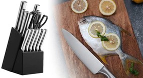 Set cutite din otel inoxidabil,16 piese, cu suport din lemn, ascutitoare si foarfece