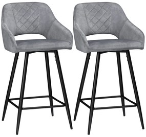 HOMCOM Set de 2 scaune de bar inalte efect de catifea si otel negru cu suport pentru picioare, accesorii pentru brate inaltime 67 cm gri | Aosom Romania