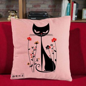 Perna Decorativa Pisica Neagra Grafica Flori Rosii, 40x40 cm, Roz, Husa Detasabila, Perna Inclusa, BEKZ®