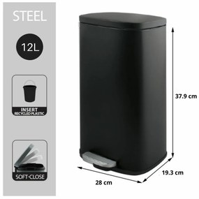 Coș de gunoi cu pedală soft-close Spirella Akira12 l, negru mat, 12 l