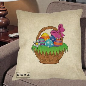 Perna Decorativa Cos cu Oua de Pasti Colorat, 40x40 cm, Crem, Husa Detasabila, Perna Inclusa, BEKZ®