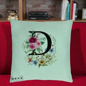 Cadou Personalizat - Perna Personalizata Monogram Litera D cu Flori Acuarela, 40x40 cm, Verde Menta, Husa Detasabila, Perna Inclusa, BEKZ®