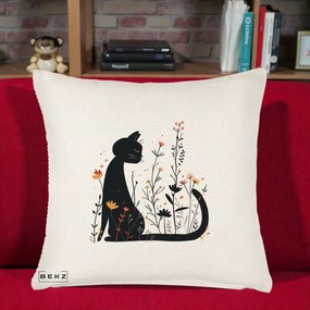 Perna Decorativa Pisica Neagra Flori Portocalii Silueta, 40x40 cm, Crem Reliefat, Husa Detasabila, Perna Inclusa, BEKZ®