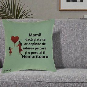 Cadou pentru Mama - Perna Personalizata Mama Nemuritoare cu Bebelus Kawaii, 40x40 cm, Verde, Husa Detasabila, Perna Inclusa, BEKZ®