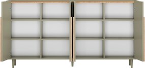 Comodă pe picioare Amilio 200 cm cu patru uși - eucalipt / stejar baltic dune / mânere stejar natural
