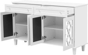 Bufet cu patru uși oglinzite, comodă cu sertare și mânere din cristal, 140x40x83 cm, Alb