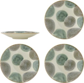 Set 4 farfurii mici din ceramică natur, pictate manual cu pete artistice în verde și maro, „Bethany", 13,5 x 2,5 cm