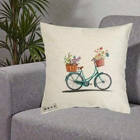 Perna Decorativa Bicicleta Florala Turcoaz Acuarela, 40x40 cm, Ecru, Husa Detasabila, Perna Inclusa, BEKZ®