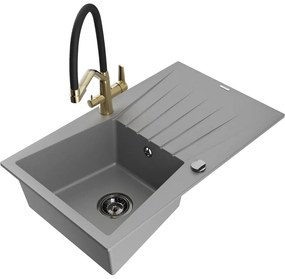 Mexen Cesar chiuvetă de granit cu un compartiment, cu picurător și baterie de bucătărie Duo, Gri - 6514-71-671701-57-B