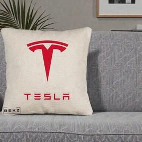 Perna Personalizata cu emblema Tesla, 40x40 cm, Bej Canapea, Husa Detasabila, Perna Inclusa, BEKZ®