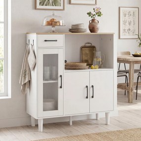 HOMCOM Bufet dulap de bucătărie cu sertar, 2 dulapuri, compartiment deschis, ușă acrilică nervurată 80 x 34 x 91 cm Alb+Stejar | Aosom Romania