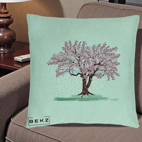 Perna Decorativa Cires Inflorit Acuarela, 40x40 cm, Verde Menta, Husa Detasabila, Perna Inclusa, BEKZ®
