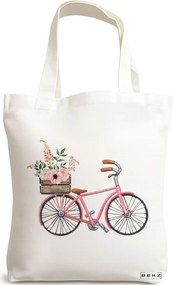Sacosa de Panza pentru Cumparaturi, Geanta Tote, model Spring on Two Wheels, 38x34.5 cm, Alba, BEKZ®