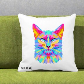 Perna Decorativa Pisica Pop Art Multicolor, 40x40 cm, Alba Mata, Husa Detasabila, Perna Inclusa, BEKZ®