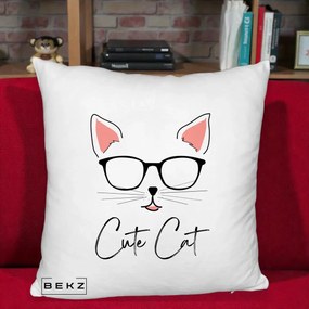 Perna Personalizata Cute Cat cu Ochelari, 40x40 cm, Alb Pufos, Husa Detasabila, Perna Inclusa, BEKZ®