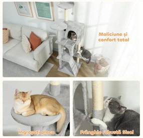 PawHut Arbore de Zgâriat pentru Pisici Înalt de 160 cm cu 2 Căsuțe, Hamac, Pat și Stâlpi din Sisal, Gri | Aosom Romania