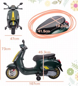 AIYAPLAY Motocicletă electrică pentru copii Vespa 6V dim. 107L x 47l x 73H cm Muzică MP3 Port USB Far 2 roți de antrenare - Verde | Aosom Romania