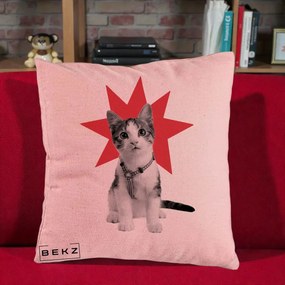Perna Decorativa Pisica Star Pop Art, 40x40 cm, Roz, Husa Detasabila, Perna Inclusa, BEKZ®