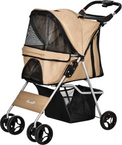 PawHut Cărucior Pliant pentru Câini cu  Suport pentru Pahare, Coș de Depozitare și 3 Ferestre, 75x46x94 cm, Maro | Aosom Romania