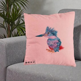 Perna Decorativa Pasare Martin Pescar Acuarela Albastru-Mov, 40x40 cm, Roz, Husa Detasabila, Perna Inclusa, BEKZ®