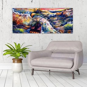 Tablou - Navă pe valurile oceanului, aquarelă (120x50 cm)