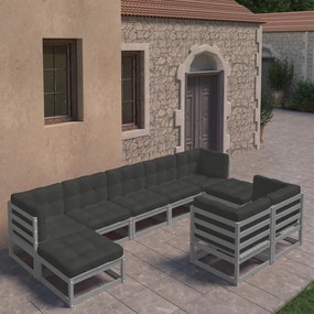 3077156 vidaXL Set mobilier grădină cu perne, 9 piese, gri, lemn masiv de pin