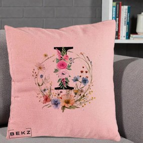 Cadou Personalizat - Perna Personalizata Monogram Litera I cu Flori Acuarela, 40x40 cm, Roz, Husa Detasabila, Perna Inclusa, BEKZ®