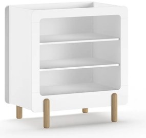 Set mobilier pentru copii SMILE, alb, pat 60 x 120 cm cu bare robuste și bază reglabilă, masă de schimbat cu trei rafturi deschise și dulap cu suport