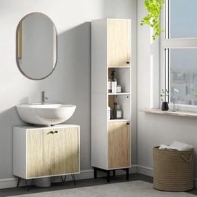 kleankin Coloană de Baie cu 6 Compartimente pentru Duș Toaletă Dormitor Stil Modern 31,5x30x169 cm Alb și Lemn de Stejar | Aosom Romania