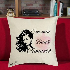 Cadou pentru Cumnata - Perna Personalizata Cea mai Buna Cumnata cu Silueta Dama si Pete Roz, 40x40 cm, Ecru, Husa Detasabila, Perna Inclusa, BEKZ®