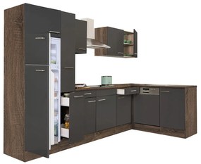 Mobilă de bucătărie de colț Yorki 310, corp din stejar Yorki, față antracit satinat, frigider cu congelator superior