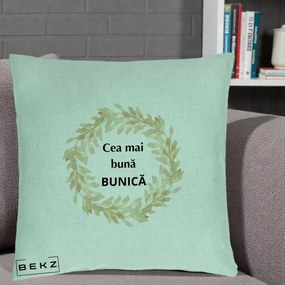 Cadou pentru Bunica - Perna Personalizata Cea Mai Buna Bunica Coronita Frunze Acuarela, 40x40 cm, Verde Menta, Husa Detasabila, Perna Inclusa, BEKZ®