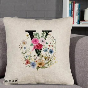 Cadou Personalizat - Perna Personalizata Monograma Florala Litera V cu Coroana, 40x40 cm, Bej Canapea, Husa Detasabila, Perna Inclusa, BEKZ®