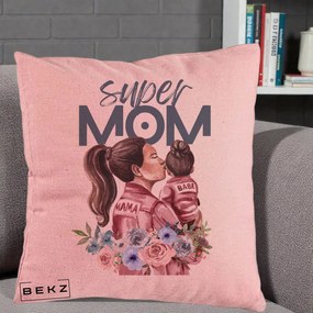Cadou pentru Mama - Perna Personalizata Super Mom Mama cu Bebelusul, 40x40 cm, Roz, Husa Detasabila, Perna Inclusa, BEKZ®