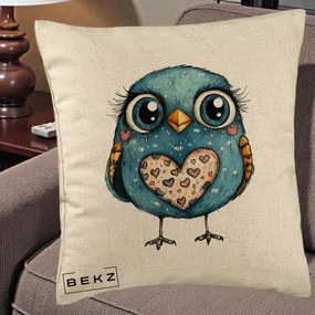 Perna Decorativa Bufnita Albastra cu Inimioare, 40x40 cm, Bej, Husa Detasabila, Perna Inclusa, BEKZ®