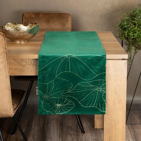 Traversa pentru masa din catifea verde cu imprimeu floral Lățime: 35 cm | Lungime: 180 cm