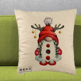 Perna Decorativa Pitic Gnom Craciun cu Coarne de Ren, 40x40 cm, Bej, Husa Detasabila, Perna Inclusa, BEKZ®