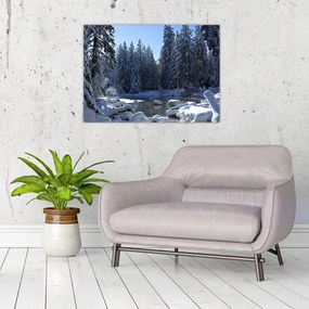 Tablou pe sticlă pădurii înzăpezite (70x50 cm)