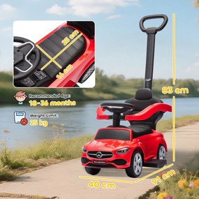 AIYAPLAY Premergător copii Mercedes-Benz cu licență, mașină de împins cu mâner detașabil, 91 x 40 x 83 cm, roșu | Aosom Romania
